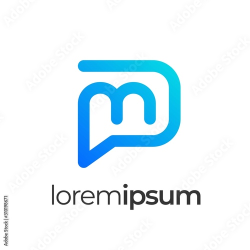PM letters logo. Private message abbreviation with speech bubble and mail envelope line