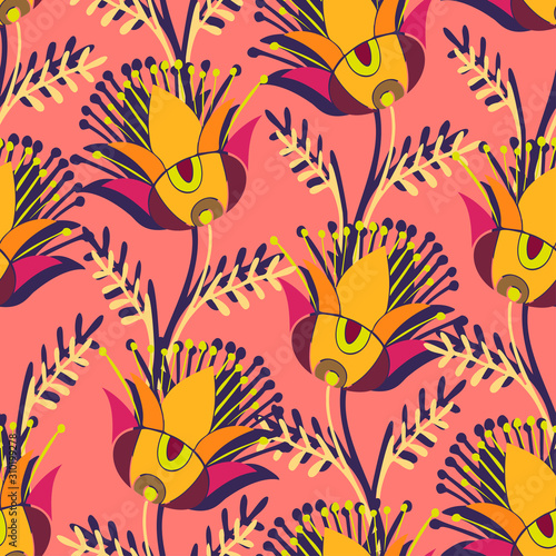 Modern seamless vector botanical colourful pattern with detailed silhouettes of decorative flowers. Can be used for printing on paper, stickers, badges, bijouterie, cards, textiles. 