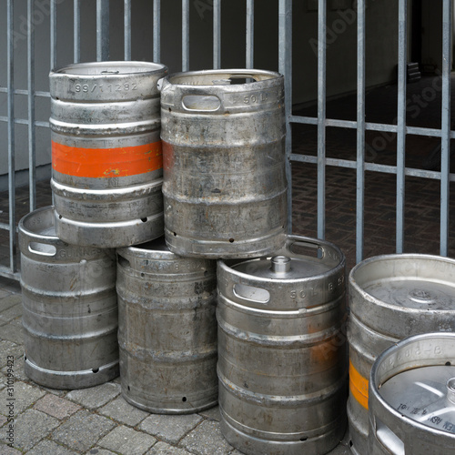 Close-up of beer kegs, Newport, County Mayo, Republic of Ireland
