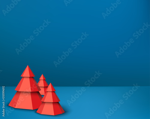 Happy New Year 3d greeting card template with red christmas trees. © Vjom