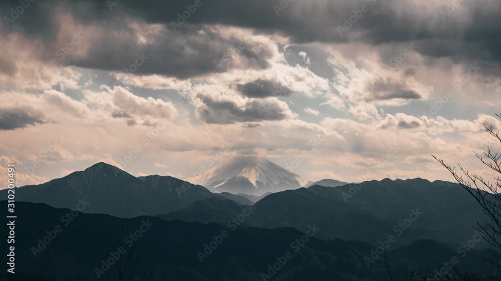 Mount Fuji seen from Mount Takao in spring with clouds