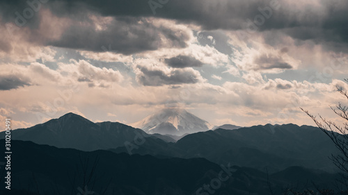 Mount Fuji seen from Mount Takao in spring with clouds © Daniel
