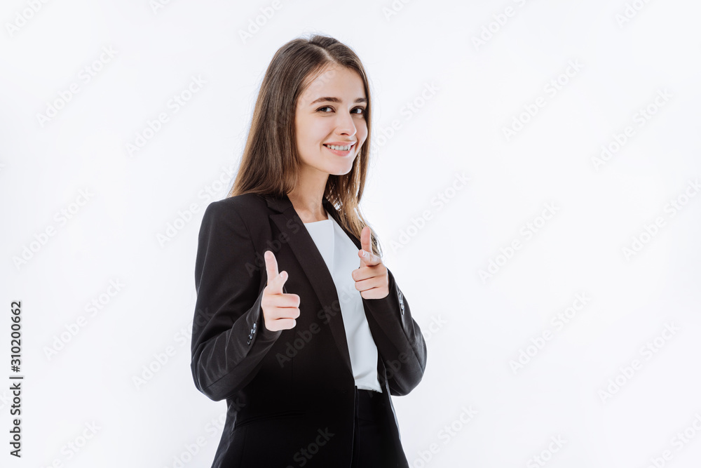 smiling confident businesswoman in suit pointing with fingers at camera isolated on white smiling confident businesswoman in suit pointing with fingers at camera isolated on white