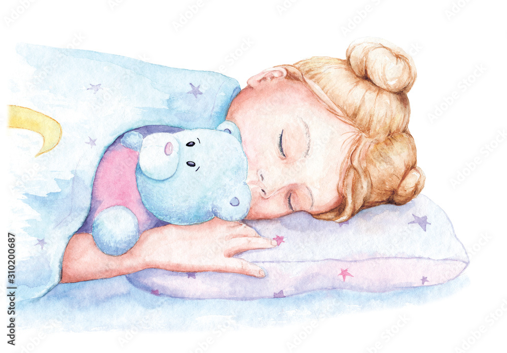 watercolor drawing, illustration of a girl sleeping Stock Illustration