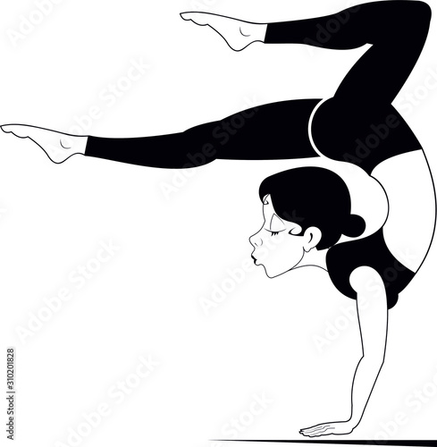 Young woman with lithe figure doing sport or yoga exercises illustration. Young woman with lithe figure standing on the hands with legs up and doing sport or yoga exercises black on white