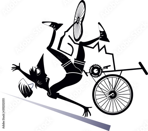 Cyclist falling down from the bicycle isolated illustration. Cyclist falling down from the broken bicycle black on white illustration 