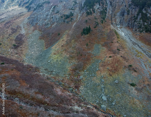 Surreal aerial photographs of old growth forest in the valley at Cascade Pass at Johannesburg Mountain with the frozen Tundra and vegetation in Washington State photo