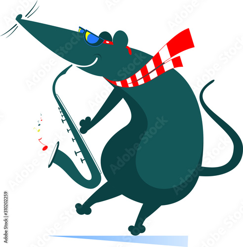 Rat or mouse a saxophonist isolated illustration. Funny rat or mouse plays music on saxophonist with great inspiration isolated on white