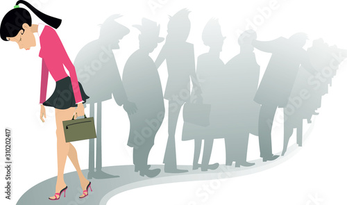 Sad woman and a turn of the people illustration. Sad woman with a bag hangs her head and passes by the turn of the people
