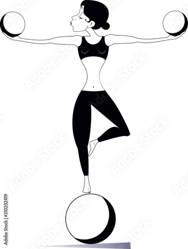 Woman with lithe figure does exercises with the balls vector illustration. Young woman standing on the ball and doing exercises with the balls in both hands black on white illustration