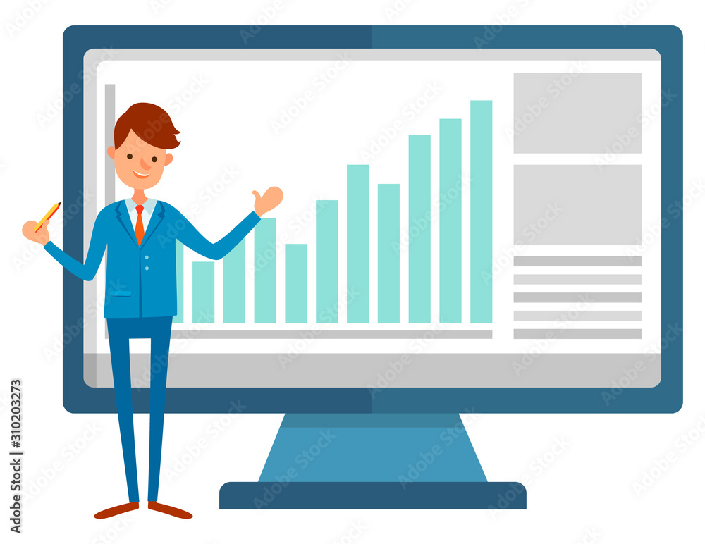 Man presenter showing growth graph in computer, financial report in pc. Worker making presentation, wireless device, infographic and investment vector Man presenter showing growth graph in computer, financial report in pc. Worker making presentation, wireless device, infographic and investment vector