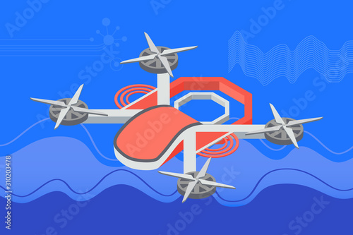 Quadcopter flying, area in purple color, 3d view of wireless device in sky, controlling equipment. Multicopter innovation, piloting object, professional modern robot with propeller, security vector
