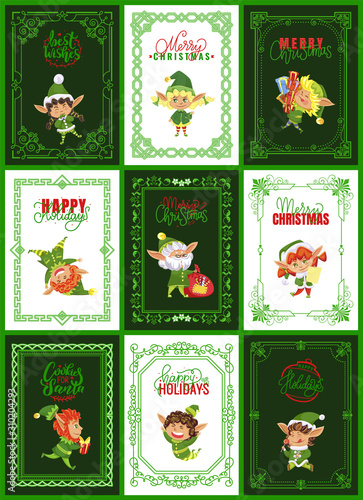 Collection of greeting cards for christmas and new year holidays. Elves characters on postcards with calligraphy lettering. Winter holidays congrats and celebration. Dwarfs set vector in flat