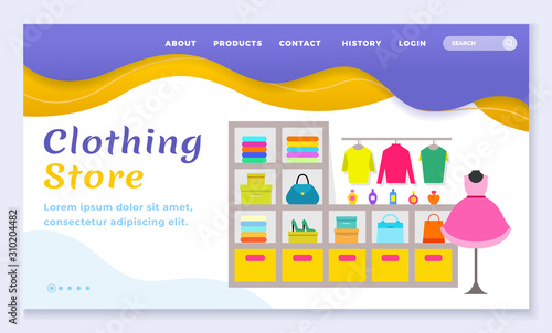Clothing store with accessories and dresses for women. Sweaters and pullovers, bags and clothes for fashionable ladies. Online orders. Website or webpage template, landing page, vector in flat style
