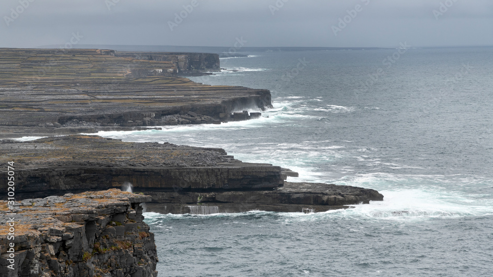 Waves crashing on coast, Dun Aonghasa, Kilronan, Inishmore, Aran Islands, County Galway, Republic of Ireland