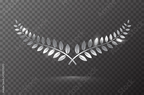 Silver shiny laurel wreath isolated on transparent background. Vector design element.
