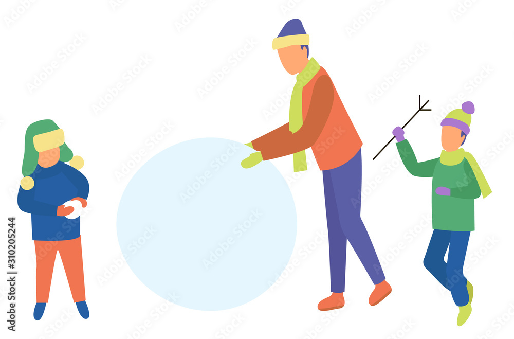 Fototapeta premium Man and childrens making snowman outdoor. Girl and boy standing near snowball, little child holding stick. Family leisure on winter holiday in park. People wearing casual clothes and scarf vector