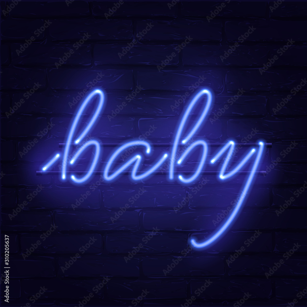 Handwritten baby lettering on dark brick wall. Blue neon shining and extinguished words. Logo, emblem template. Bright signboard. Boy childbirth celebration and greeting. Vector illustration. Handwritten baby lettering on dark brick wall. Blue neon shining and extinguished words. Logo, emblem template. Bright signboard. Boy childbirth celebration and greeting. Vector illustration.