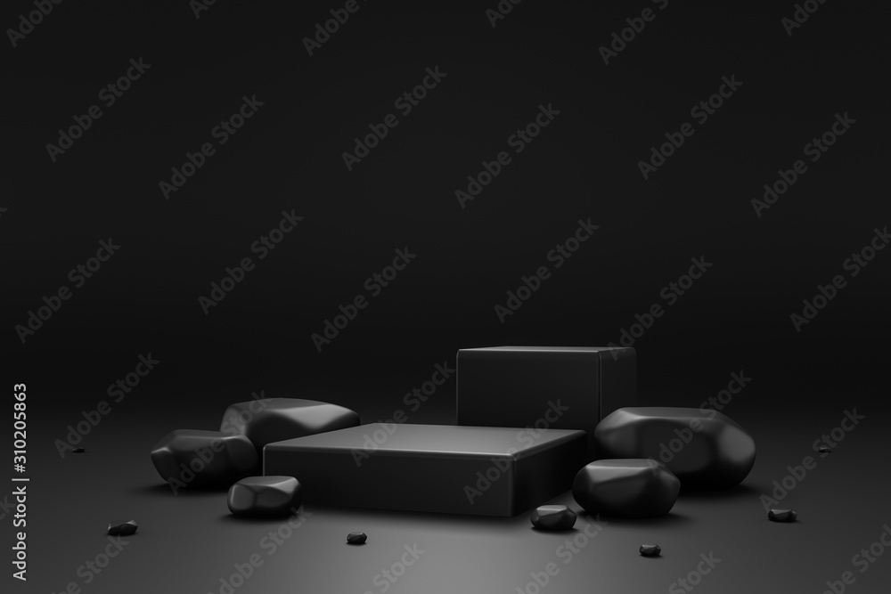 Pedestal of Platform display with black stand podium on dark room  background. Blank Exhibition or empty product shelf. 3D rendering. Stock  Photo