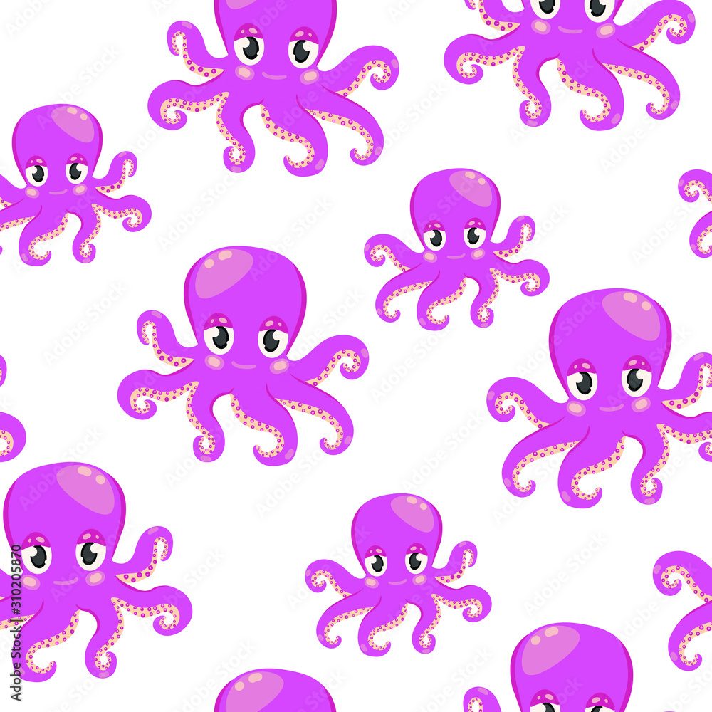 Vector seamless pattern with cute, cartoon , violet octopus on white background . concept for wallpapers, wrapping paper
