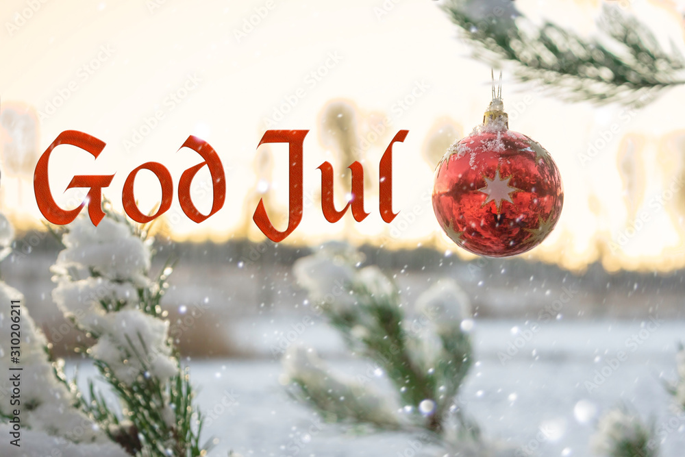 "God Jul" means "Merry Christmas" in Swedish and Norwegian. Blurred Merry Christmas In Sweden