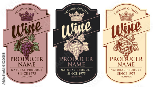 Set of three vector wine labels with hand-drawn bunches of grapes, crowns and calligraphic inscriptions in retro style in figured frames