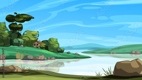 Tranquil river landscape with trees and a little house. Vector illustration.