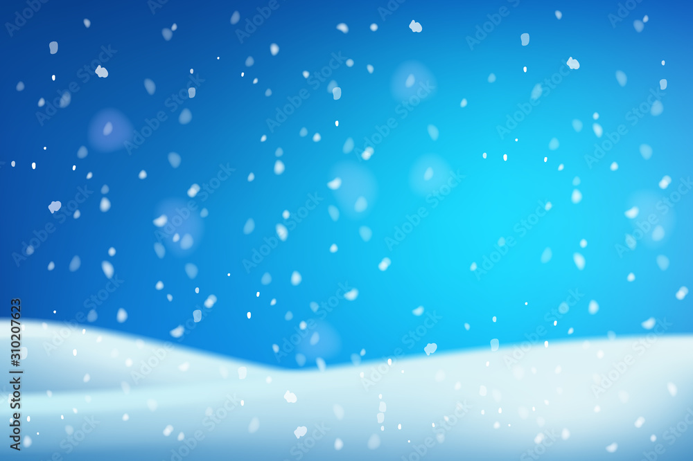 Winter christmas white blue Snowdrifts blurred background with shiny snow and blizzard.
