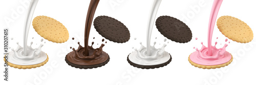 Foto Sandwich cookies with Delicious vanilla cream and chocolate Flow, 3d illustration for biscuit package design