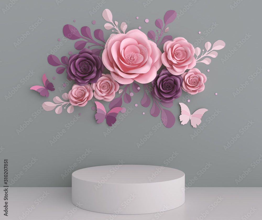 podium display design with paper art pastel color flower abstract