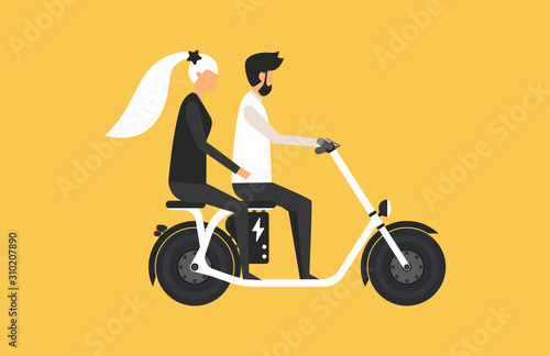 Cartoon picture with woman and man they ride fast modern electric scooter. Male and female. Enjoying futuristic bike ride. Flat style vector illustration. Yellow background.