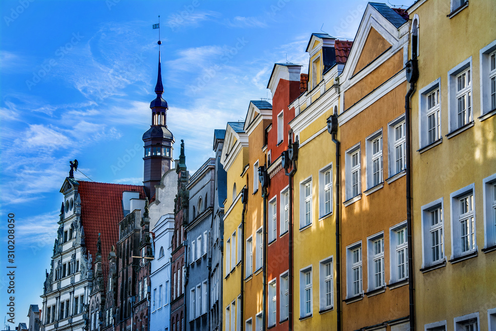 beautiful typical colorful houses buildings in old historical town centre, Gdansk, Poland