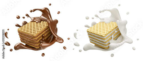 Fotografia set of Pile of square wafer biscuit with chocolate and milk splash, 3d rendering
