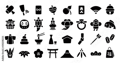Japanese New Year Icon Set (Flat Silhouette Version)