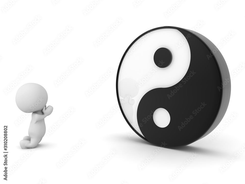 3D Character praying at yin and yang symbol 3D Character praying at yin and yang symbol