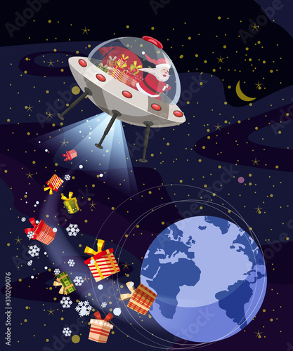 Merry Christmas Santa Claus flying in UFO spaceship flying saucer with gift boxes in space Earh night