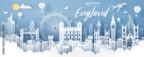 Paper cut of England landmark, travel and tourism concept.