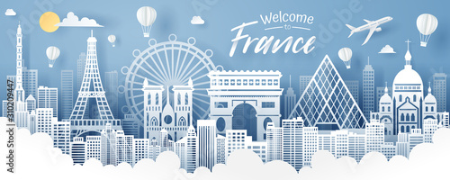 Paper cut of France landmark, travel and tourism concept.