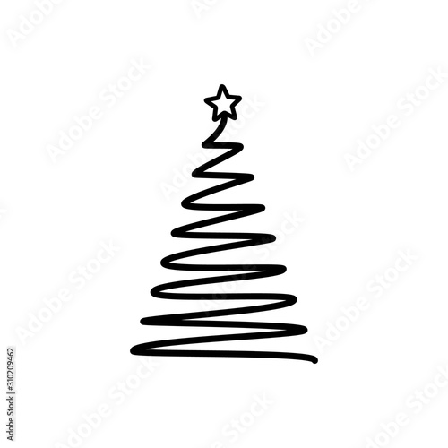 Christmas tree. Line draw scribbled stylized element. Decoration elements collection, holiday monochrome sign isolated on white. Vector illustration. Template for laser plotter cutting, printing