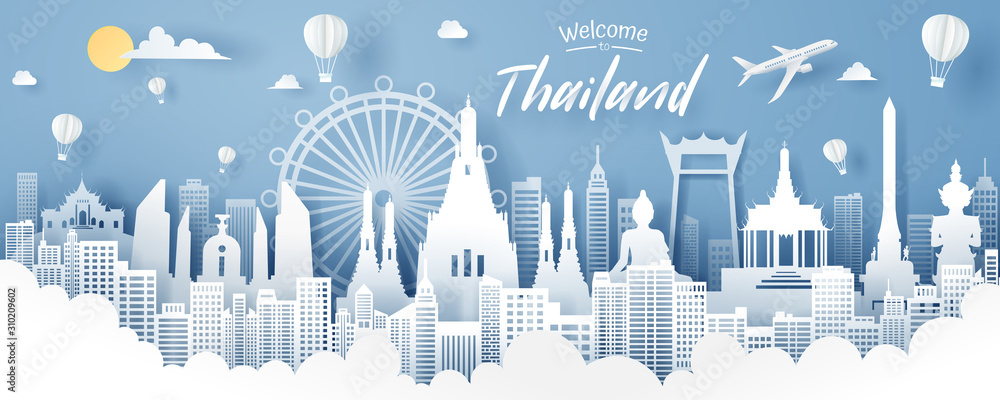 Paper cut of thailand landmark, travel and tourism concept.