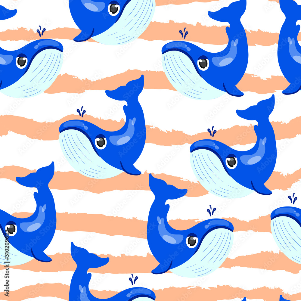 Cute cartoon  whales vector seamless pattern with waves on white background. Concept for print, wallpaper, wrapping paper  