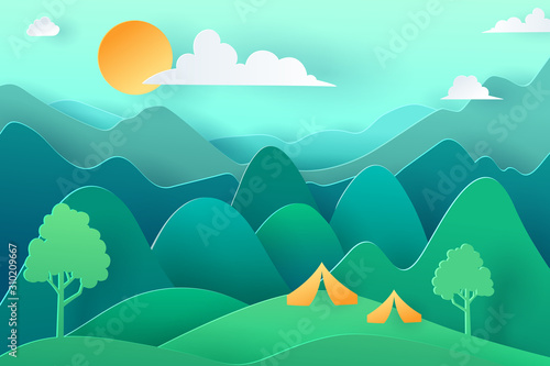 Paper art and landscape, digital craft style for summer camping background with forest.