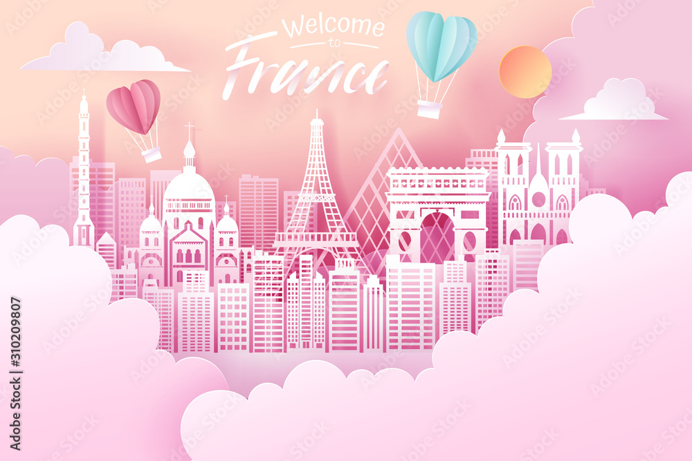 Paper cut of France landmark, travel and tourism concept.