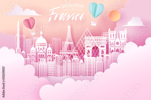 Paper cut of France landmark, travel and tourism concept.