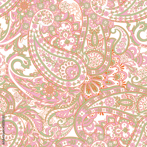 Seamless pattern with paisley ornament. Vector floral illustration in asian textile style