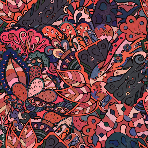 Tracery seamless pattern. Mehndi design. Ethnic colorful doodle texture. Curved doodling background. Vector