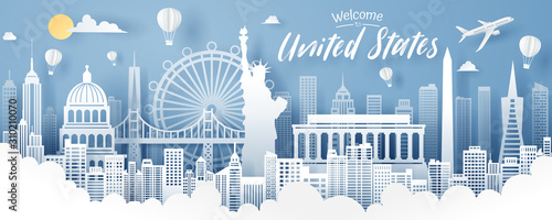 Paper cut of USA landmark, travel and tourism concept.