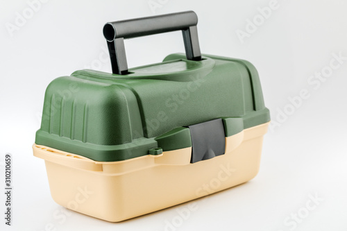 Box for fishing tackle on white background.