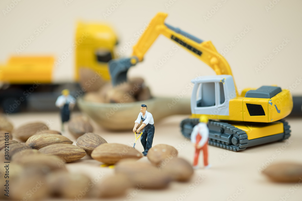 Obraz premium Miniature people worker move and select almonds for import and export.