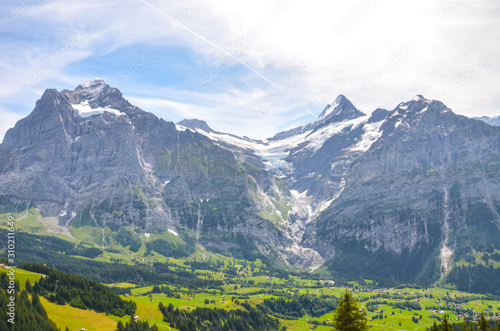 Summer Alpine landscape around village Grindelwald in Switzerland. Taken on the trail leading to Bachalpsee lake. Village in the Alpine valley surrounded by forest and snow-capped mountains